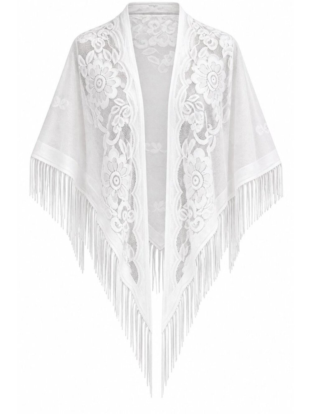 White Floral Lace Triangle Shawl Fringe Sheer Bridal Wedding Evening Wrap
